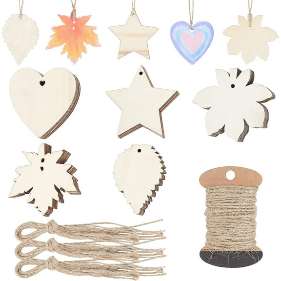 50PCS Unfinished Wooden Cutouts Maple Leaf Heart Star Shape Wood Ornaments Blank Slices Crafts with Jute for Thanksgiving Fall Party Wishing Tree Gift Tags Ornaments White