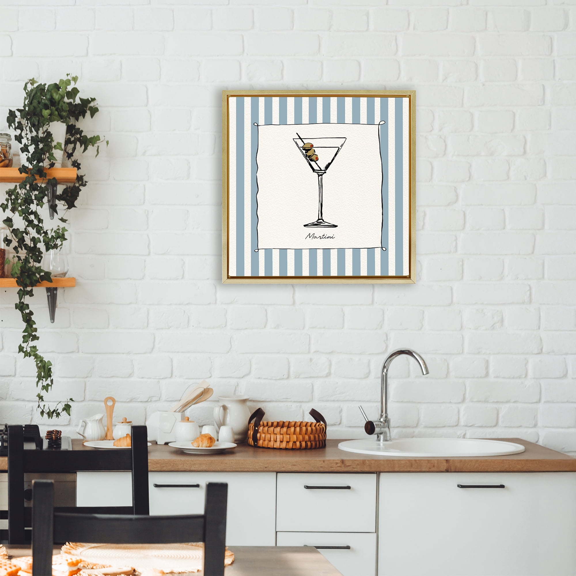 Stupell Industries Martini Summer Stripes Gold Framed Floater Canvas Wall Art, design by Susan Jill