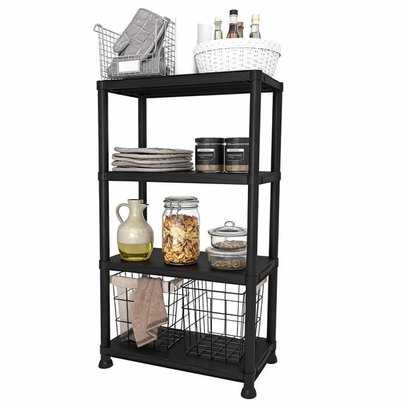 4-Tier Plastic Storage Shelving Unit , Indoor/Outdoor  Storage Organization Rack for Pantry, Office, Closet and laundry room, Heavy Duty Storage Rack for Garage, Black