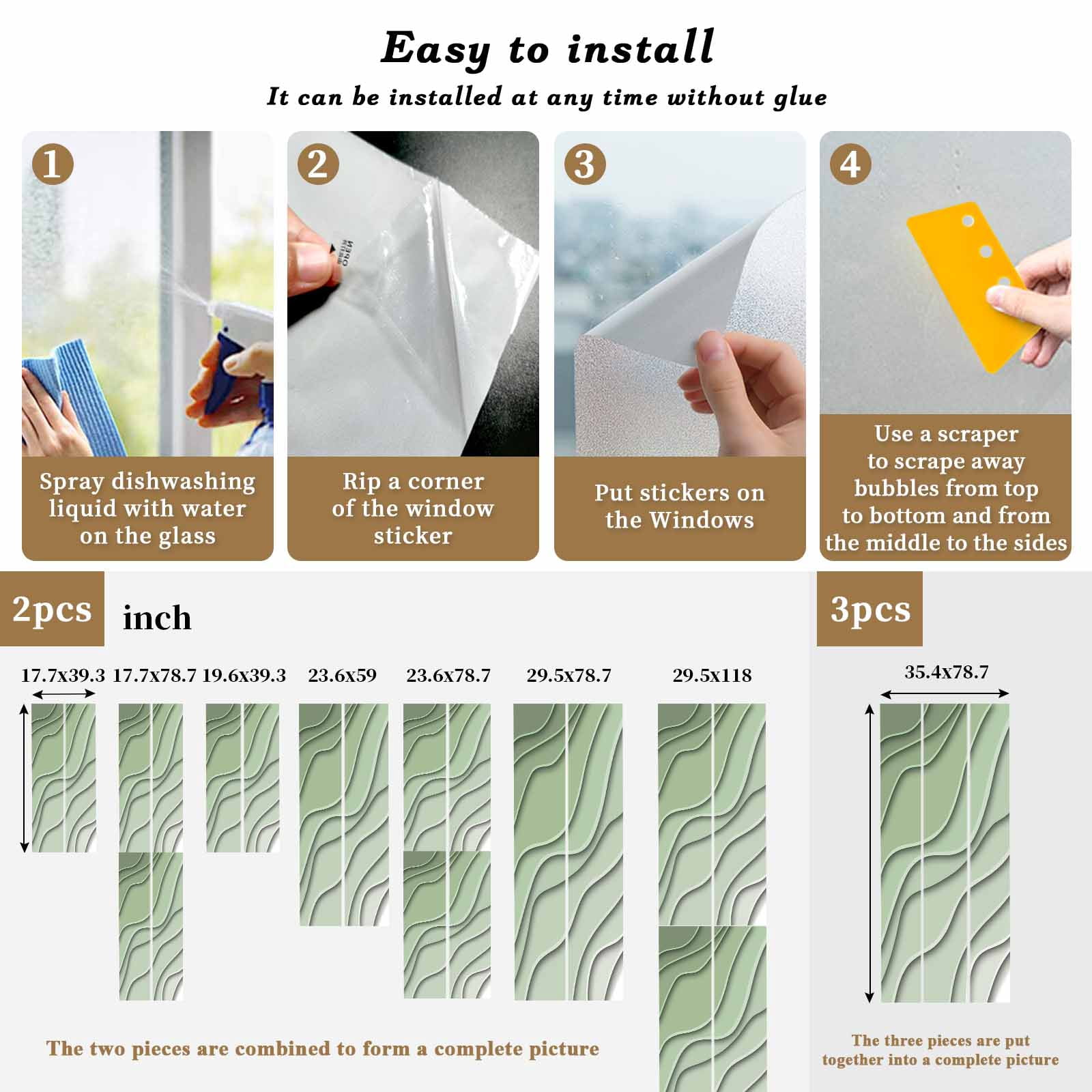 Sage Green Ombre Window Privacy Film, Modern Geometric Abstract Art Aesthetics Static Cling UV Sun Blocking Tint Film Heat Control Windows Films for Bedroom Bathroom, Window Stickers 23.6"x59"