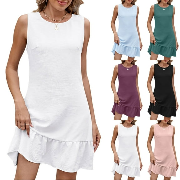 Axiiglly Summer Dresses for Women Crew Neck Mini Dress Sleeveless Solid Color Flowy Dress Boho Vacation Tank Dresses Ruched Casual Beach Dress