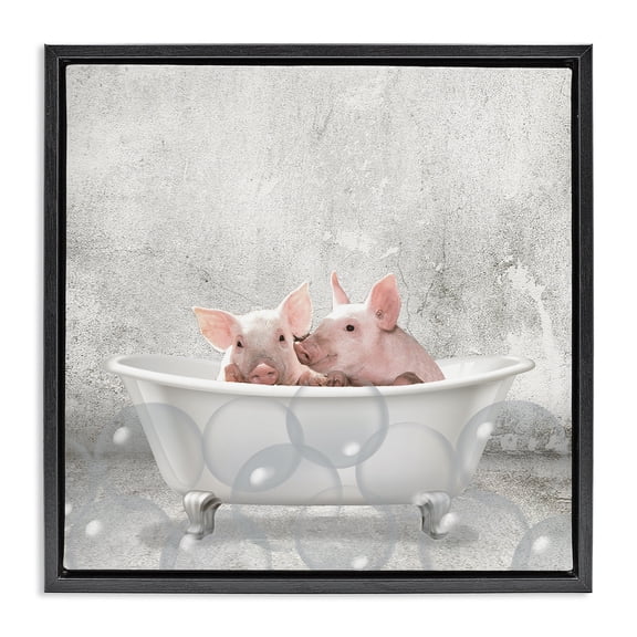 Stupell Industries Rustic Lodge Baby Piglets Bath Time Black Floating Frame Canvas Art, 18 x 18, by Kim Allen