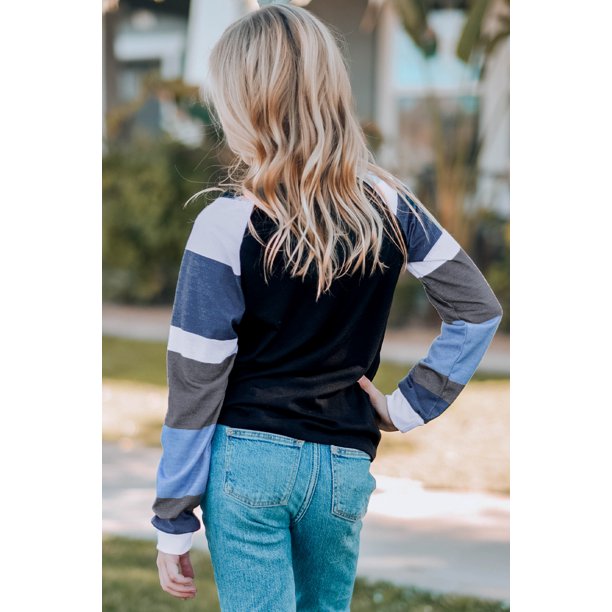 ABPHQTO Top de manga larga para mujer con bloque de color negro a rayas para mujer