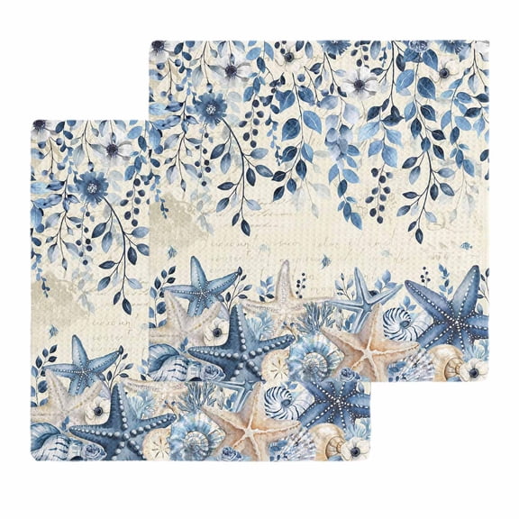 Blue Coastal Starfish Kitchen Dish Towels for Drying Dishes Set of 2, Beach Nautical Shell Eucalyptus Retro Waffle Weave Microfiber Hand Tea Bathroom Towels Quick Dry & Absorbent Towel 12x12