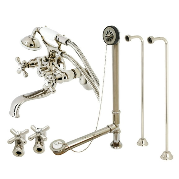 Kingston Brass CCK225PN Vintage Tub Wall Mount Clawfoot Tub Faucet Package with Supply Line, Hand Shower and Tub Drain, Polished Nickel