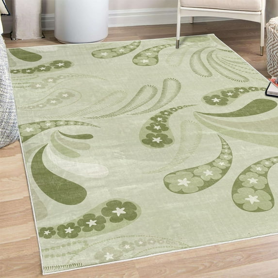 Abstract Decorative Rug, Contemporary Leaves and Blossoms Daisy Spring Season Geometric Style Art, Quality Carpet for Bedroom Dorm and Living Room, 6 Sizes, Pale Green, by Ambesonne