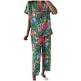 thumbnail image 4 of EGNMCR Pajamas for Women Set Plus Size Summer Cotton Silk Printed Short Sleeve Round Neck Top And Pant Two Piece Sets Summer Sale, 4 of 4