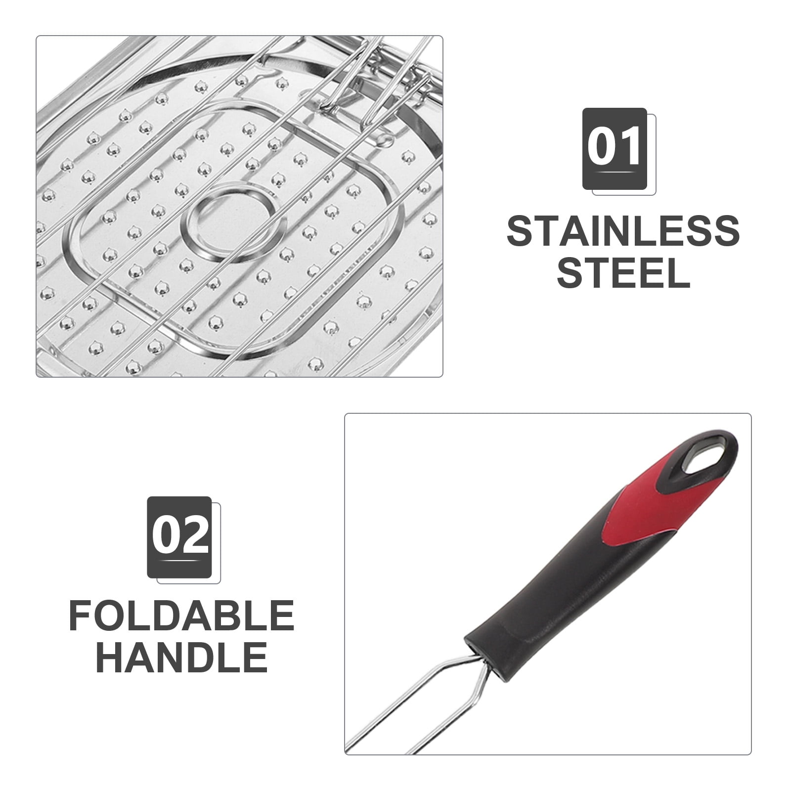 OUNONA Plated Silver Stainless Steel Portable Grill Pan with Foldable Handle Even Cooking Surface for Outdoor Grilling