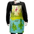 thumbnail image 1 of Cartoon Kids Apron, Digitally Generated Interpretation of Frogs and a Crocodile in a Pond, Boys Girls Apron Bib with Adjustable Ties for Cooking Baking Painting, Turquoise and Multicolor, by Ambesonne, 1 of 2