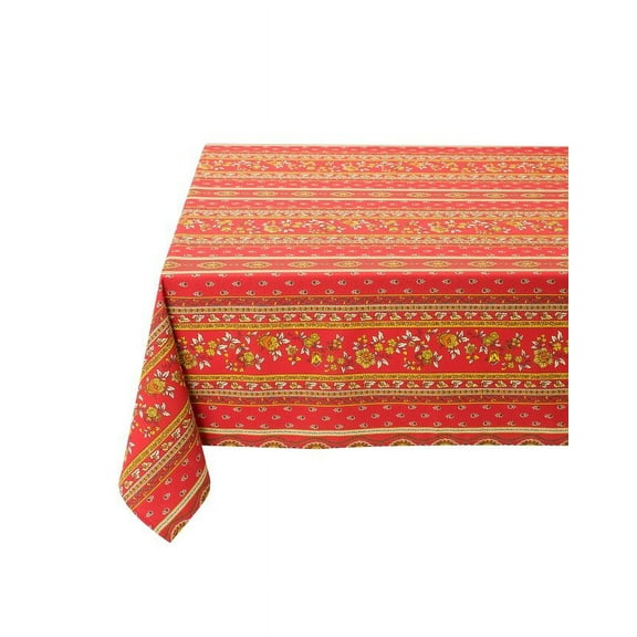 Rectangular Red Avignon 59" x 78" Easy-Care Cotton Coated French Tablecloth, Spill Resistant Wipeable, Linear Red Avignon by Tissus Toselli, Acrylic Coated 100% Cotton, Provencal French Luxury Linen