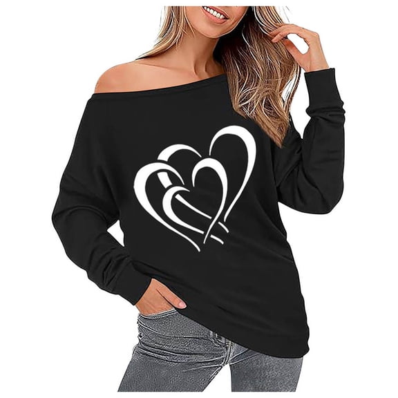successthop Plus Size Sweatshirts for Women Off Shoulder Oversized Long Sleeve Hoodie Pullover Outwear Heart Sweatshirts