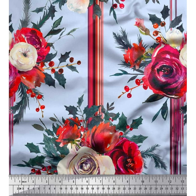 Soimoi Blue Viscose Chiffon Fabric Holly Leaves & Ranunculus Floral Print Fabric by Yard 42 Inch Wide