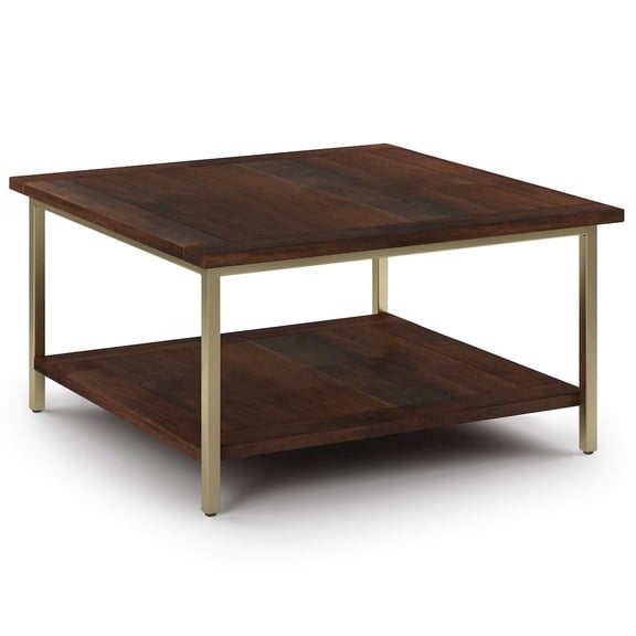 Simpli Home Skyler SOLID MANGO WOOD and Metal 34 inch Wide Square Industrial Coffee Table in Dark Brown / Gold