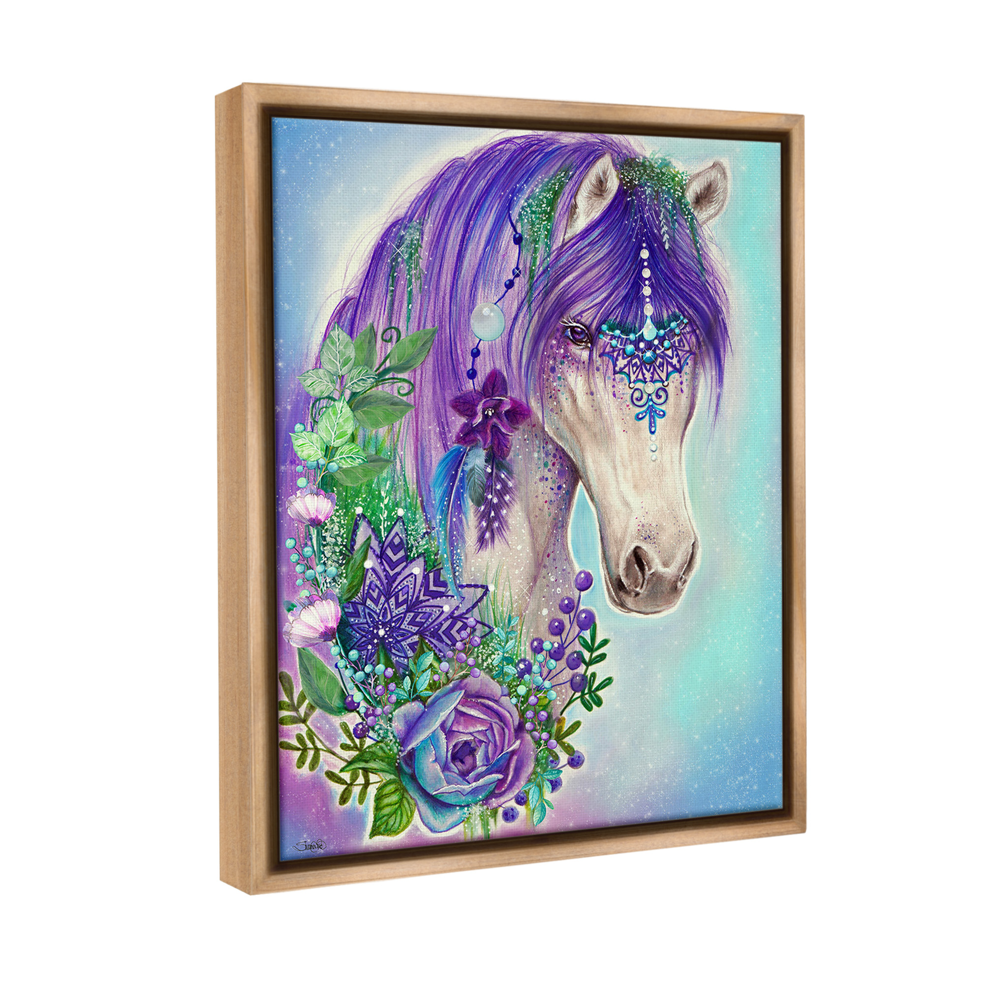 Stupell Industries Horse with Floral Garland Animals & Insects Painting Brown Floater Framed Canvas Art Print Wall Art, 17 x 21