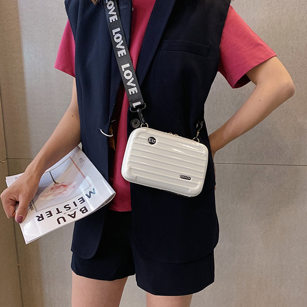Women Mini Suitcase Shape Crossbody Bag Shoulder Bag with Wide Letter Strap  Clutch Handbag