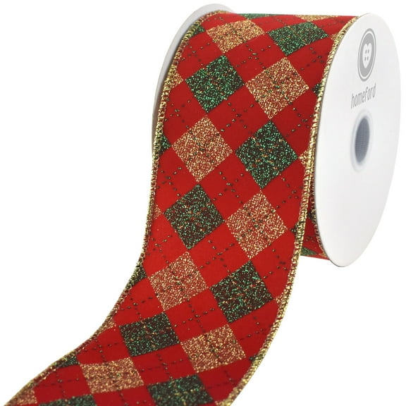 HOMEFORD Christmas Velvet Argyle Diamond Wired Ribbon, 2-1/2-inch, 10-yard, Red