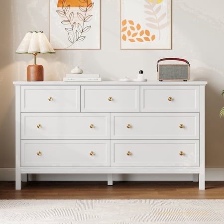 YouTrend 7 White Drawer Dresser, Retro Wood Adult Dresser with Metal Handles for Bedroom,Living Room, Hallway