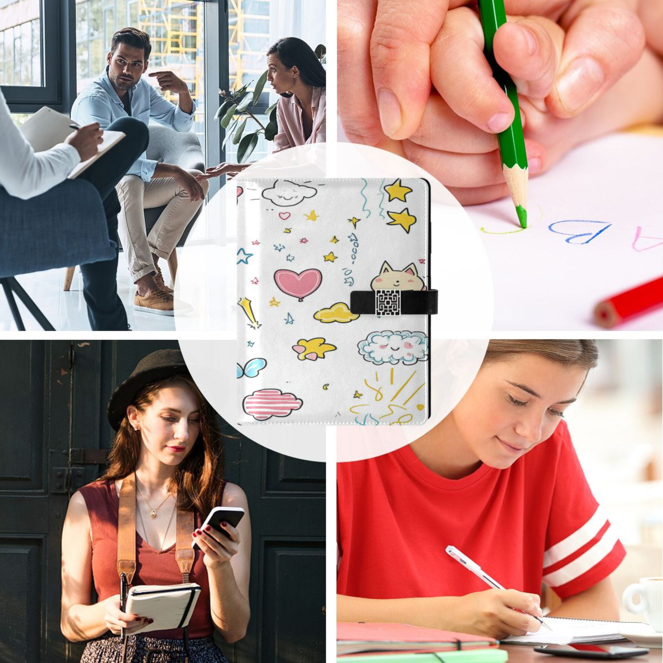 9.2x6.7 inch Leather Notebook 100 Sheets, Multi-Pocket Design & Pen Loop Cute Stickers Cartoon Drawings Refillable Journal Organizer