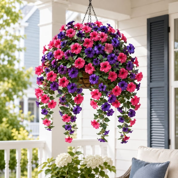 UV Resistant Artificial Petunia Bush Flower, Realistic Faux Petunia Floral Shrub, Outdoor Indoor Decor for Garden Patio Window Box Bonsaier Landscaping Home Decoration (Purple Blue Pink), Purple