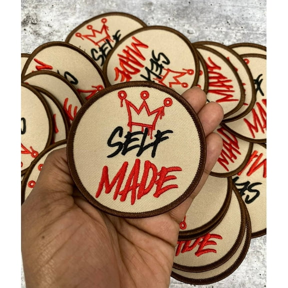 Exclusive, 1-pc "Self-Made" Emblem, Beige/Red/Brown Iron On Embroidered Patch, Size 3.25" Applique for Crocs, Patches for Hats and Jackets