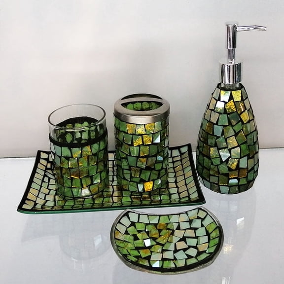 Green and Gold Mosaic Glass Bathroom Accessory Set