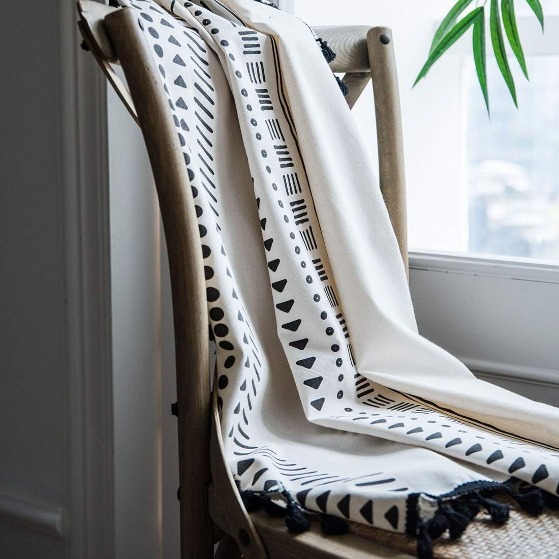 Boho Window Curtain Panel with Tassels Black Striped Geometric Print Country Style Cotton Linen Room Darkening Curtain Panel for Bedroom Living Room Rod Pocket Top