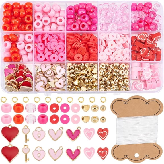 1 Box 1000 Pcs Red Heart Beads Valentine's Day Polymer Clay Beads Bulk Flat Round Heishi Beads Pink Double Sided Clay Beads Enamel Hearts Love Charms Lock Keys Charm for Jewelry Making Kits for DIY