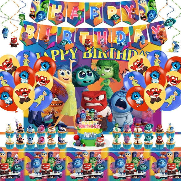 52 birthday party supplies and decorations, including happy birthday banners, hanging whirlpools, tablecloths, backgrounds, balloons, cake caps, and cupcake caps.