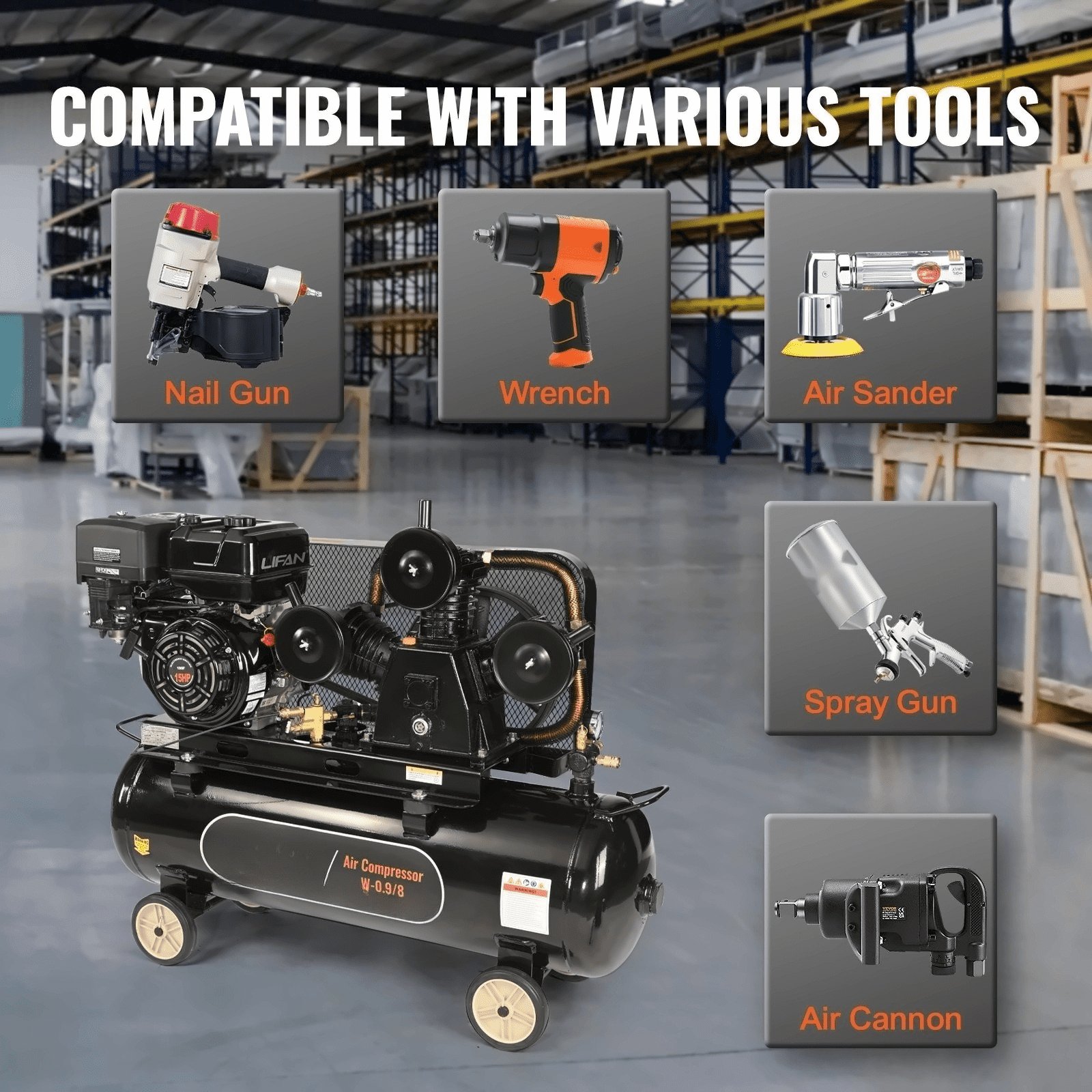 15HP Gas Air Compressor, 30 Gallon, 33CFM@115PSI - Portable Gas Powered Air Compressor for Construction, Workshop, Impact Wrench & Spray Gun