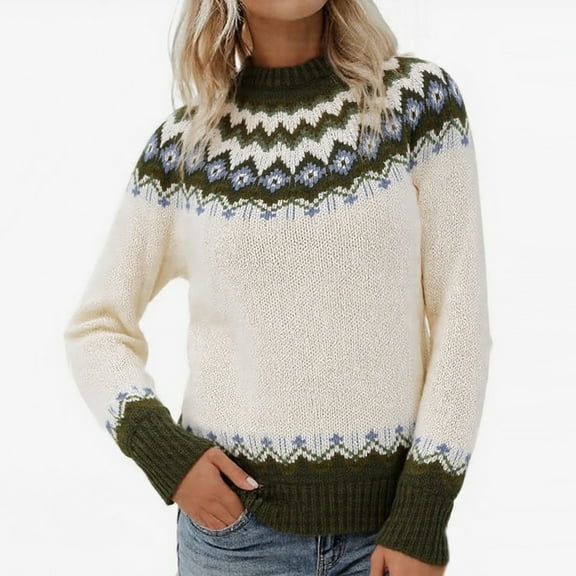Christmas Pullover Sweaters for Women Mock Neck Knit Sweater Long Sleeve Fair Isle Winter Sweater Beige S