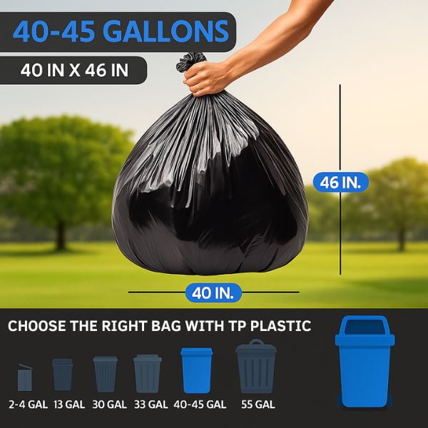 TP Plastic Large Black Trash Bags, 40-45 Gallon (40" x 46"), 1.5 Mil Thick, 100 Count – Heavy Duty Garbage Can Liners for Indoor & Outdoor Use