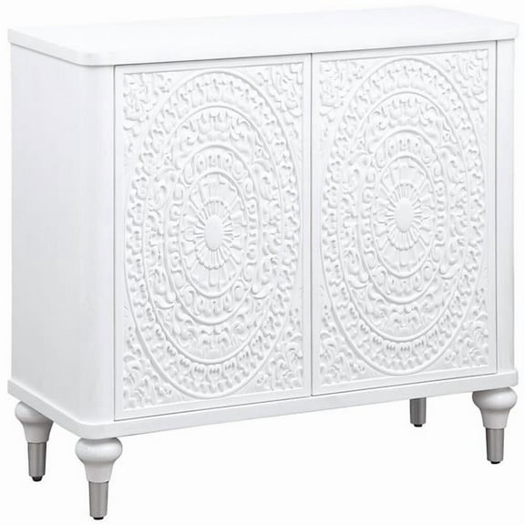 Benjara Cardi Accent Cabinet- 2 Medallion Carved Doors- 36" Classic White