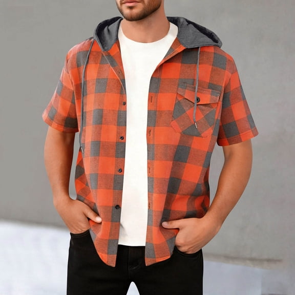 Lutiedan Mens Plaid Hoodie Shirts Casual Button Down Pullover Blouse Short Sleeve Drawstring Stylish Hooded Jackets with Chest Pocket