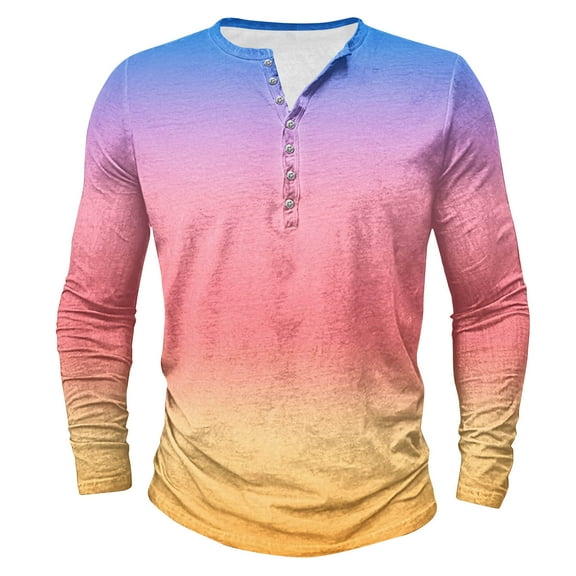 Jalioing Men's Gradient Shirts Loose Long Sleeve Crew Neck Button T Shirt Spring Summer Casual Pullover Shirts