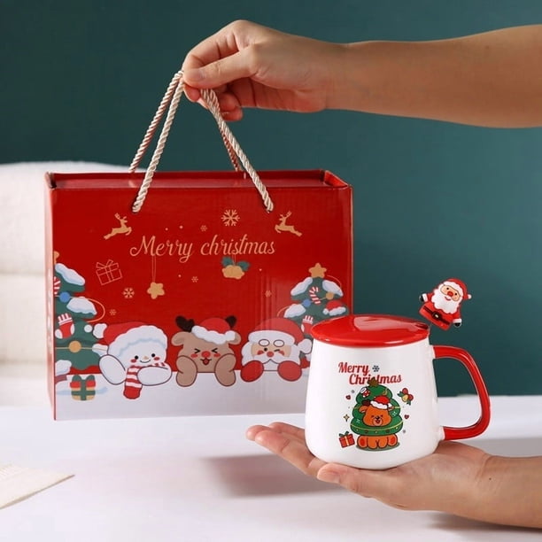 Adornos navideños, regalos navideños. Bonita taza navideña con tapa y cuchara. Taza de cerámica con Papá Noel y reno. Taza con tapa.