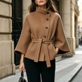 thumbnail image 6 of Miqool Women's Tweed Stand Collar Jacket Button Down Tie Waist Flare Long Sleeve Coat Trendy Casual Office Trench Coat, 6 of 8
