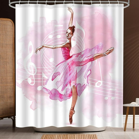 Ballet Dancer Shower Curtain for Girls, Pink Ballerina Girl Pattern, Music Dance Performing, Bathtub Decor with 12 Plastic Shower Hooks, 72x72 inch, White Pink