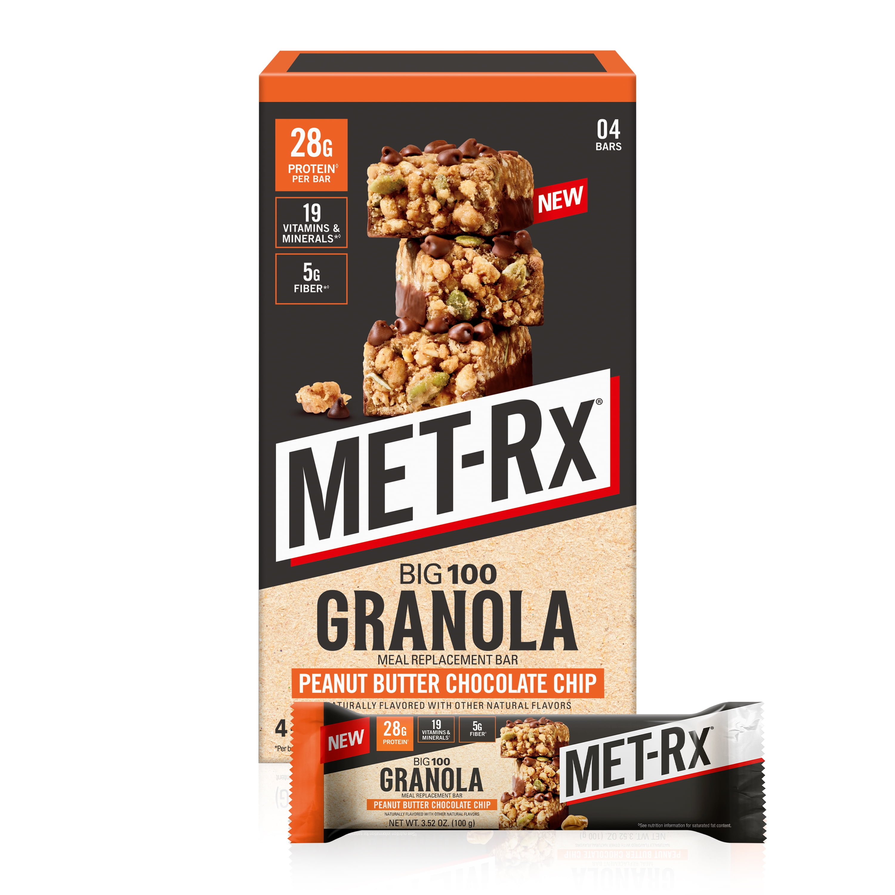 MET-Rx Big 100 High Protein Meal Replacement Bars, Granola Peanut Butter, 28g Protein, 3.52 oz, 4 Count