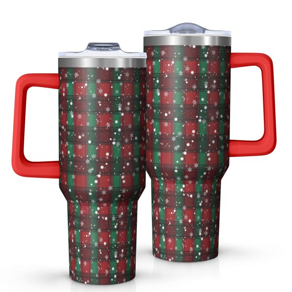Red and Green Plaid Christmas Snow Pattern Tumbler with Handle and Lid,40oz Double Wall Vacuum Insulated Tumbler,Cups Gift for Women and Men