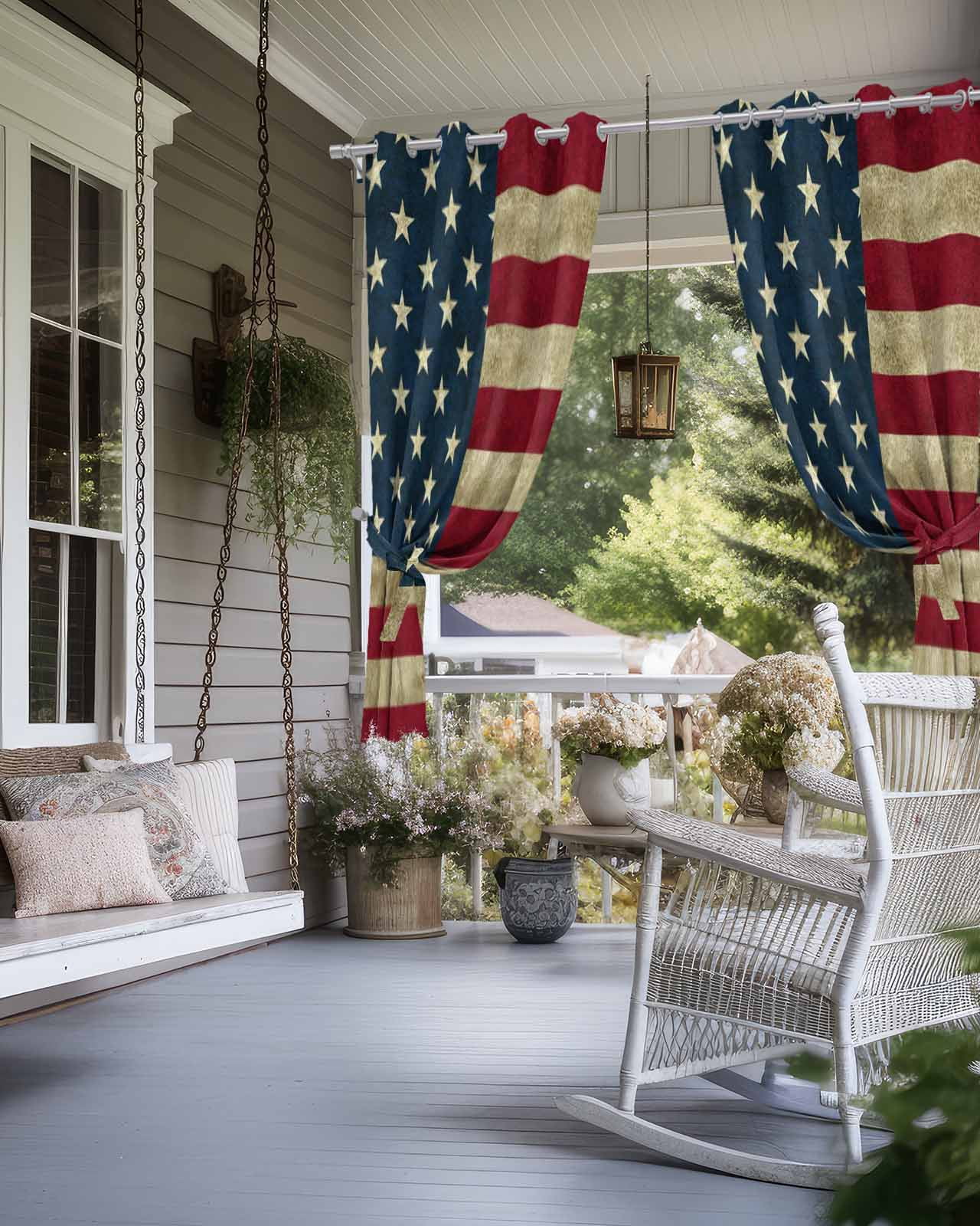 Vintage Red American Flag Outdoor Curtains for Patio, US Flag Stripe Retro Starts Privacy Drapes Grommet Waterproof Outside Curtains for Porch/Cabana/Balcony 54"x 108", 2 Panel