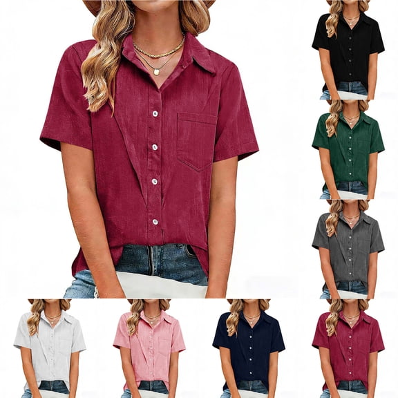 Otntypg Womens Cotton Linen Button Down Shirts Dressy Casual Short Sleeve Lapel Collared Work Business T-Shirts Trendy Solid Summer Beach Vacation Tees Tops with Pocket Green XL