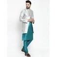thumbnail image 3 of eloria Men's Indian Traditional Teal Green & Silver Layered Silk Blend Kurta with Churidar Pyjama and jacket Set, 3 of 7