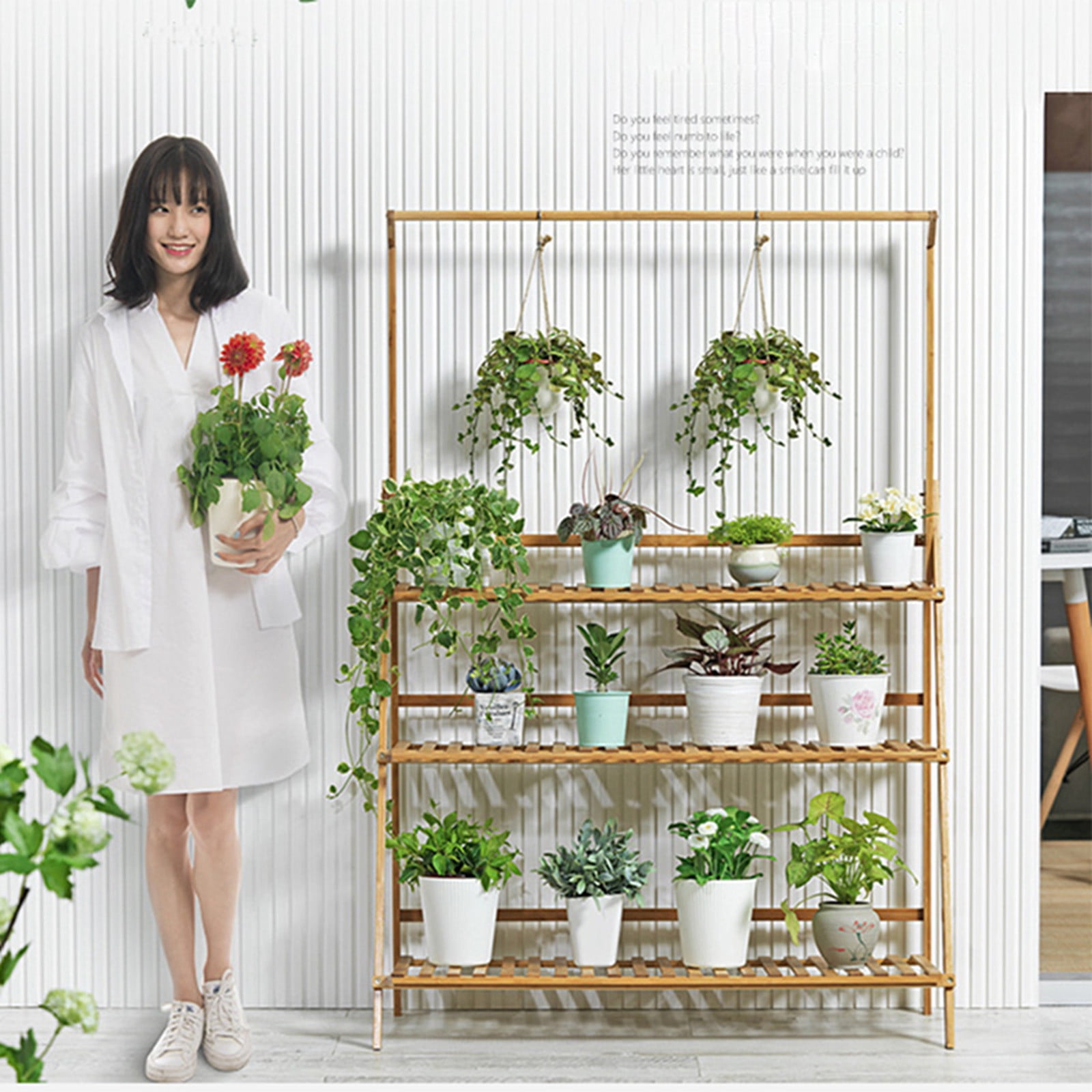 4 Tier Bamboo Hanging Plant Stand Planter Shelves Flower Pot Organizer Storage 