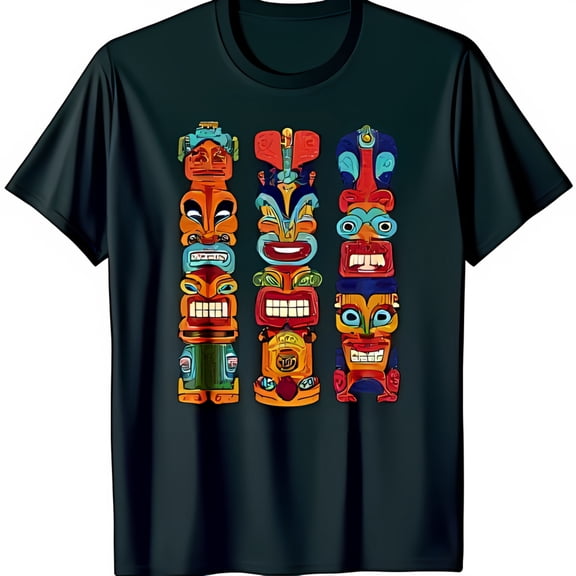 Colorful Totem Poles Graphic Black T-Shirt Unique Cultural Heritage Design
