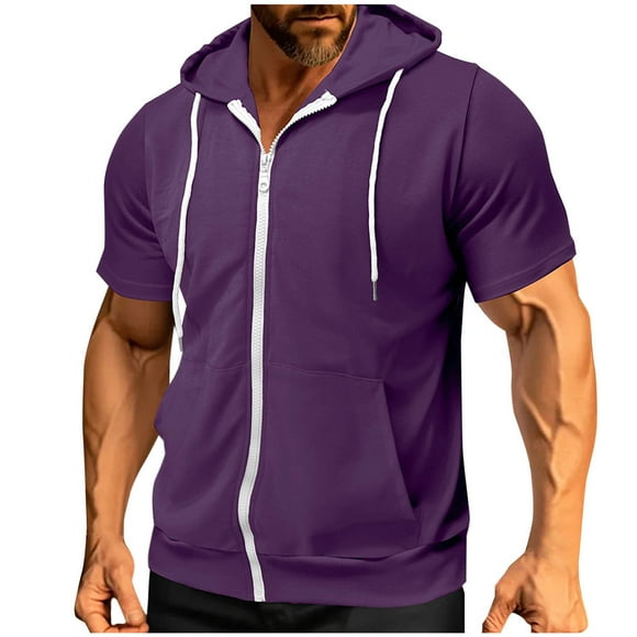 Men's Short Sleeve Hoodies Sweatshirt Solid Color Zip Up Jackets with Hood Purple, M