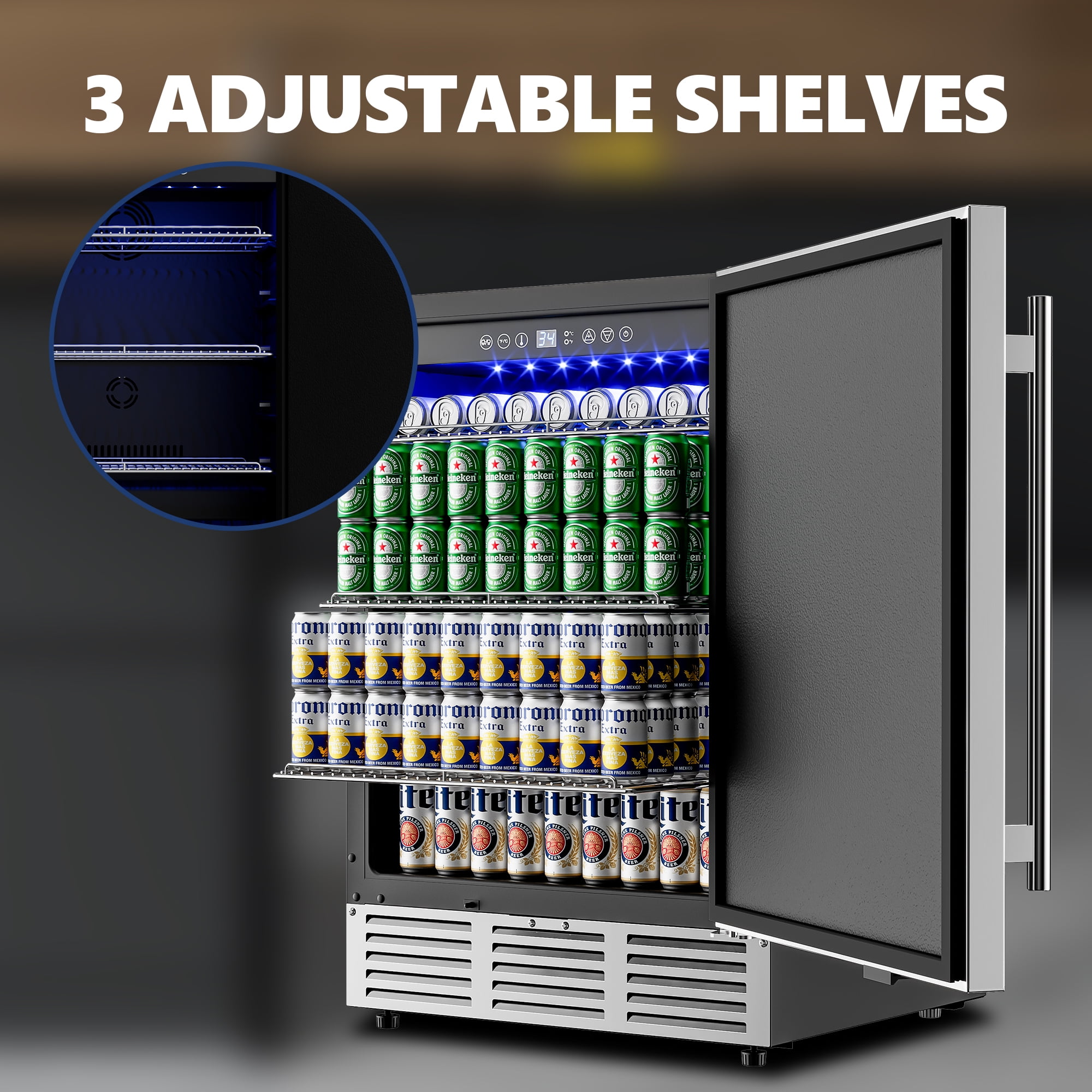 Simzlife 5 Cu.ft. Undercounter Freestanding Stainless Steel Door Beverage Refrigerator, 23.4 in W, 34.25 in H