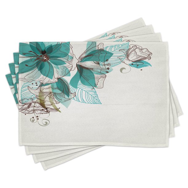Turquoise Placemats Set of 4 Flowers Buds Leaf at the top Left Corner