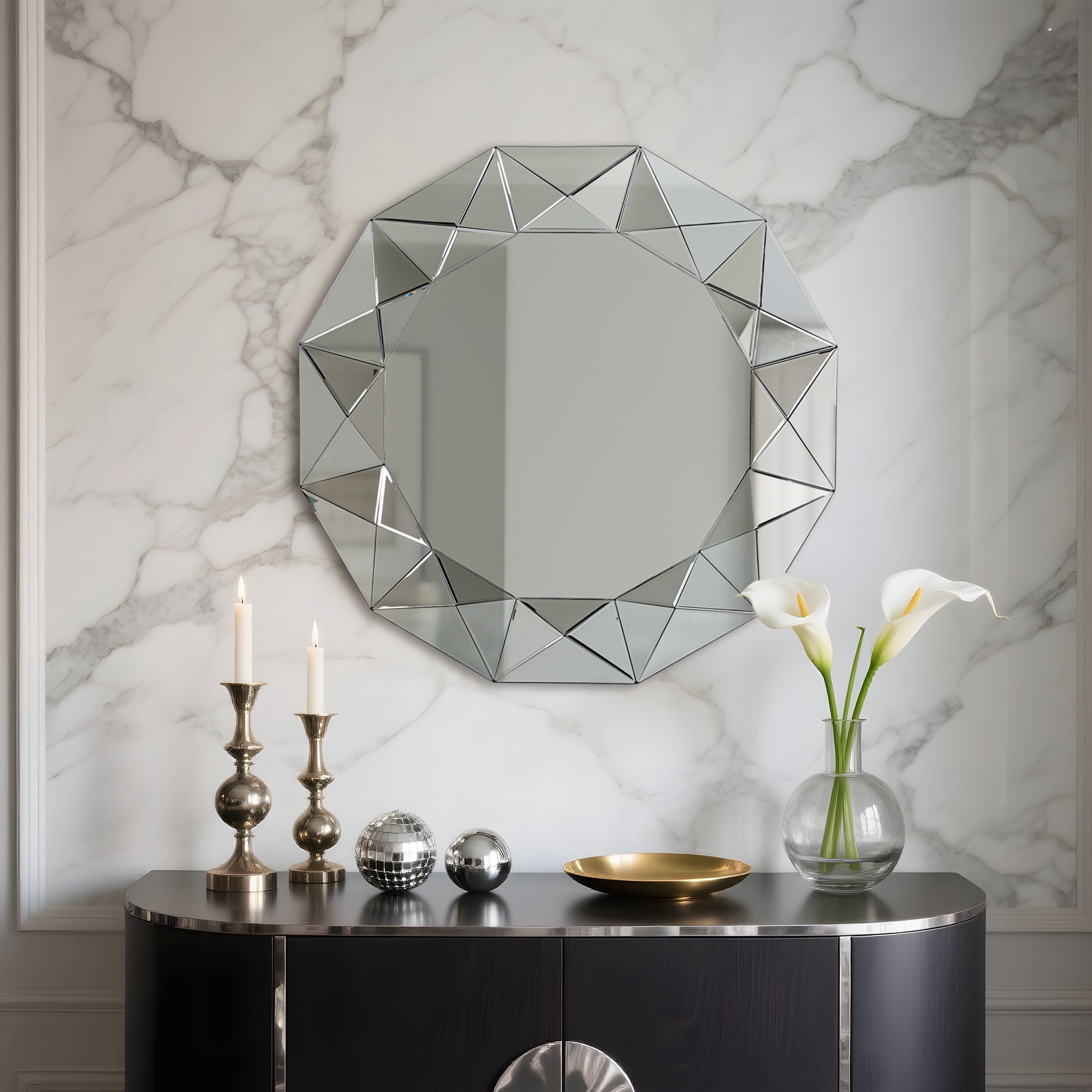 LNC 39"x39" Round Geometric Wall Mirror with Faceted Beveled Frame for Living Room or Entryway