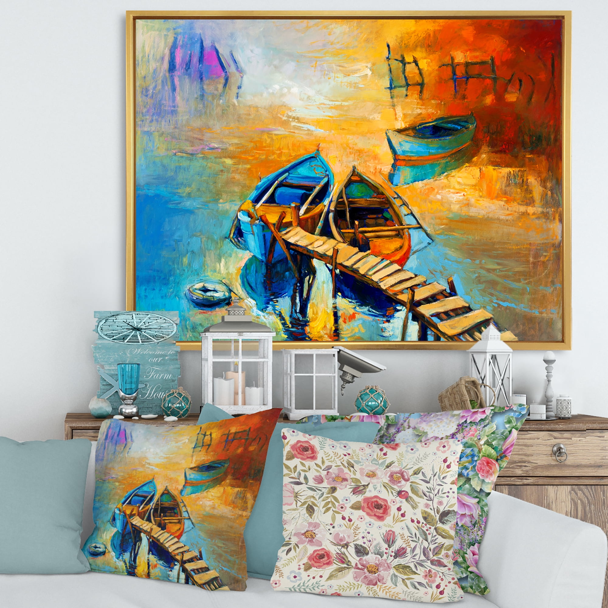 Designart 'Boat At The Lake During Evening Glow V' Nautical & Coastal Framed Canvas Wall Art Print