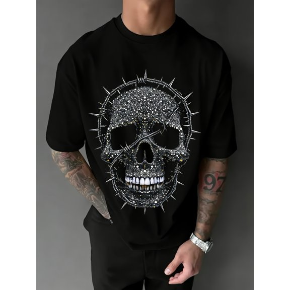 Casual Gothic Rhinestone Skull Graphic Vintage Grunge Y2k Cotton Men's Women's Unisex T-Shirt